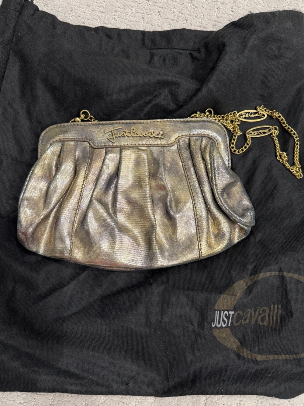 Just Cavalli Iridescent Gold Pleated Clutch with Removable Chain